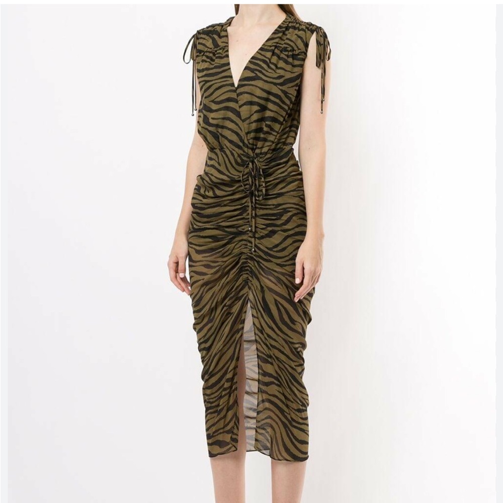 Veronica Beard Teagan Wrap Effect Zebra Printed Ruched Midi Dress size 4, Olive